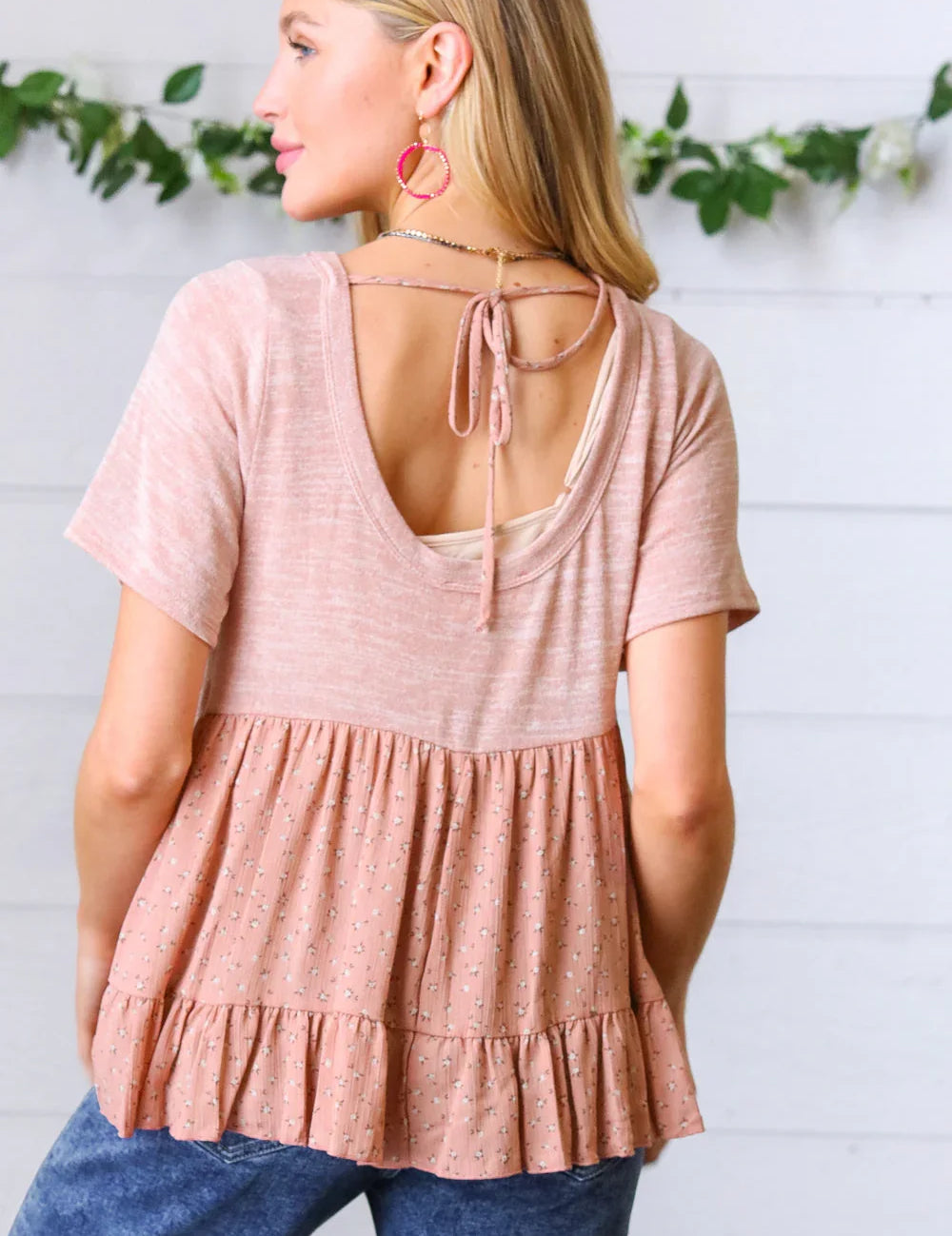 Mauve Tie Back Crinkle Floral Top | Daverri Fashions