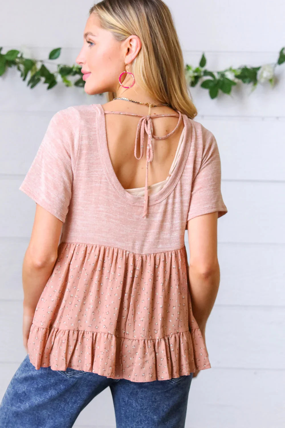 Mauve Tie Back Crinkle Floral Top | Daverri Fashions