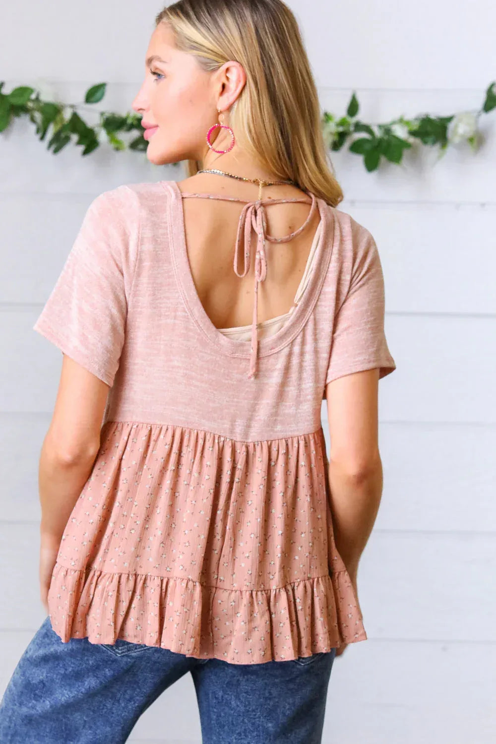 Mauve Tie Back Crinkle Floral Top - DAVERRI FASHIONS