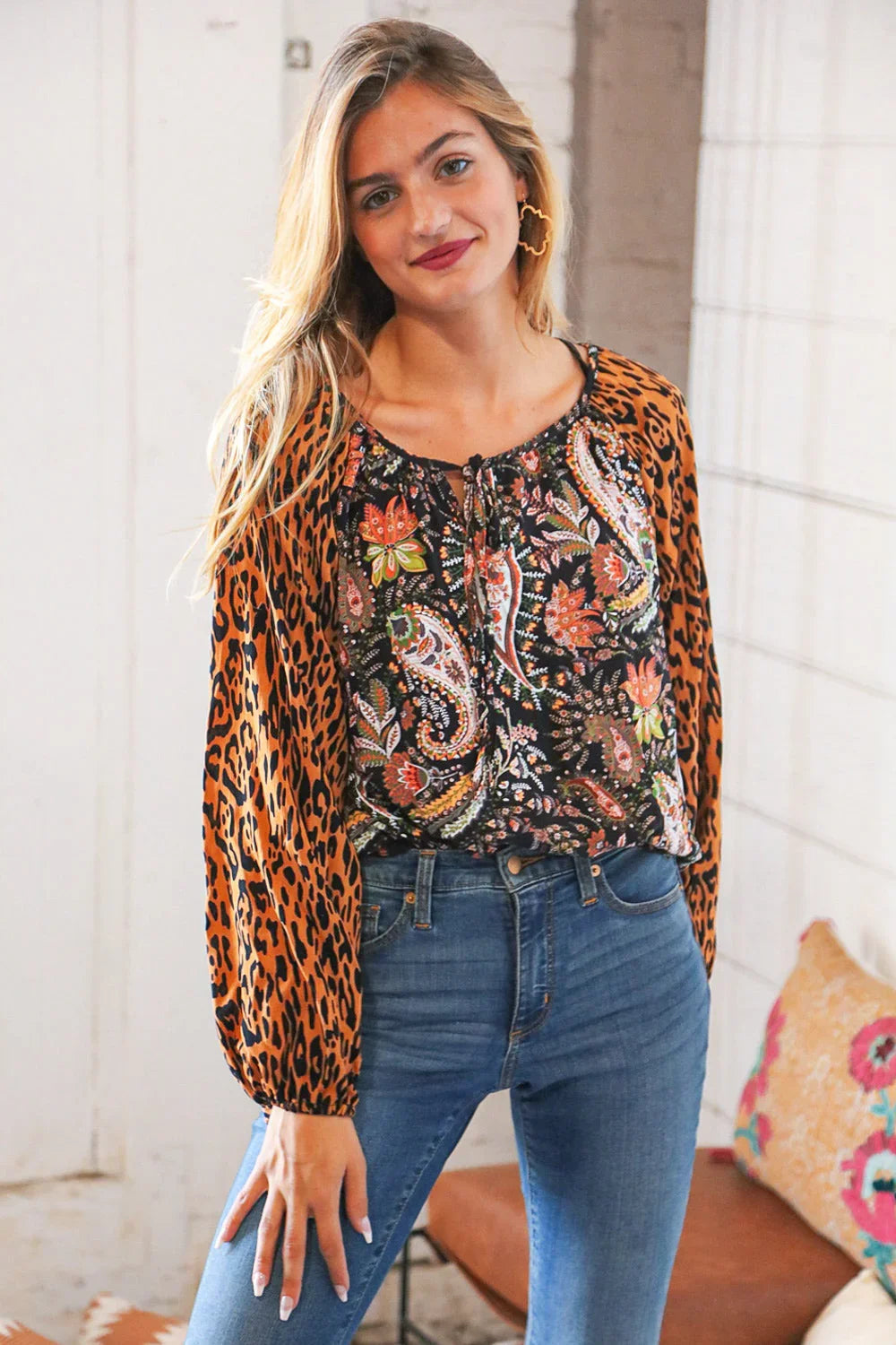 Boho Paisley Leopard Print Front Tie Woven Blouse | Daverri Fashions