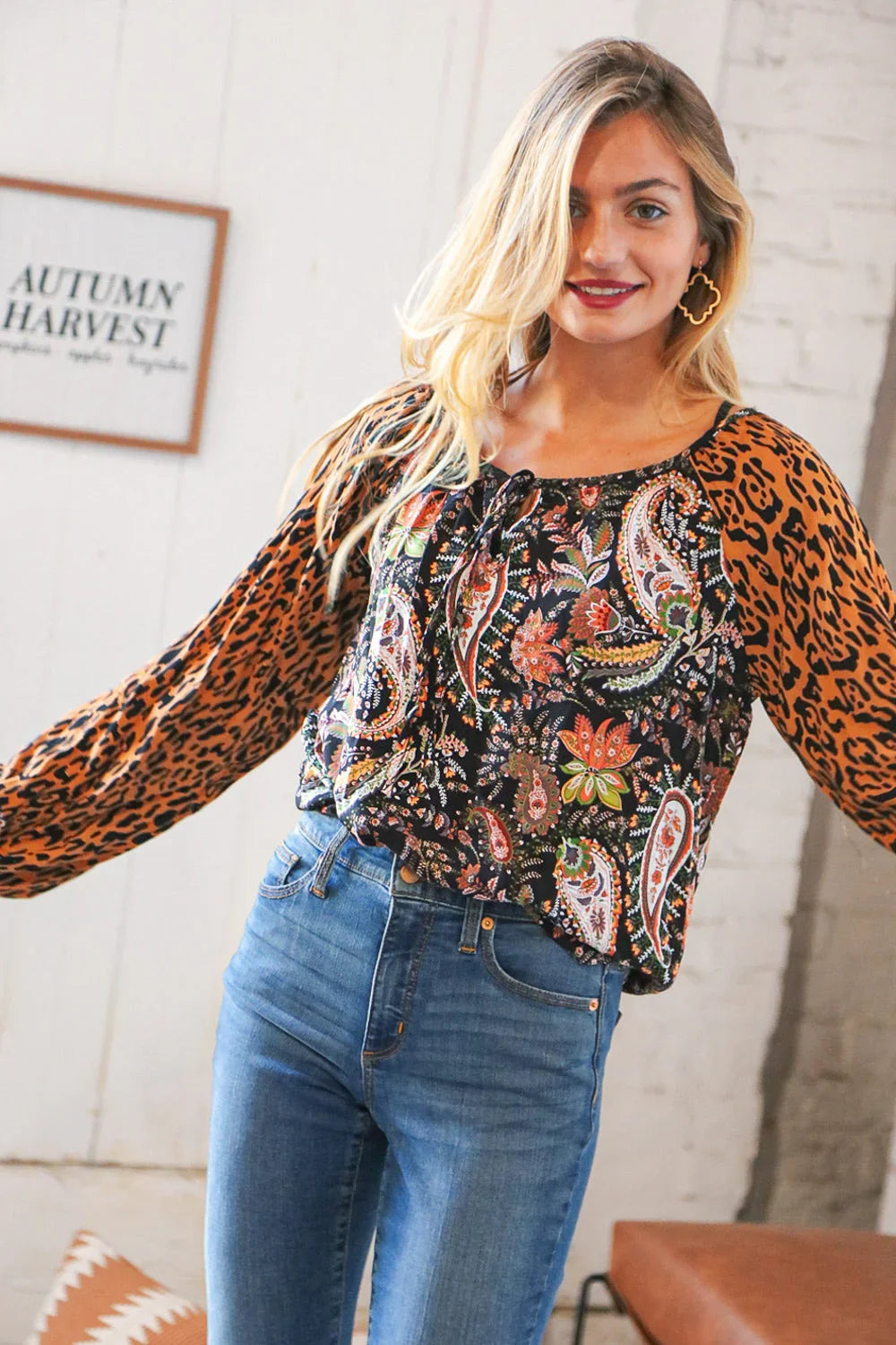 Boho Paisley Leopard Print Front Tie Woven Blouse | Daverri Fashions