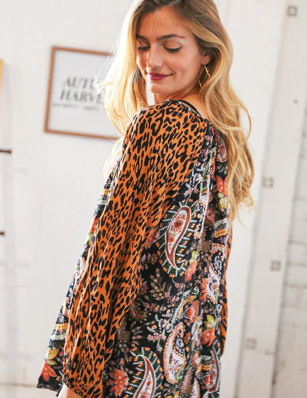 Boho Paisley Leopard Print Front Tie Woven Blouse - DAVERRI FASHIONS