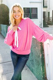 Pretty In Pink French Terry Bow Tie Drop Shoulder Pullover | Daverri Fashions