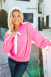 Pretty In Pink French Terry Bow Tie Drop Shoulder Pullover | Daverri Fashions