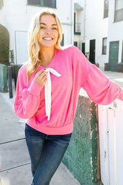 Pretty In Pink French Terry Bow Tie Drop Shoulder Pullover | Daverri Fashions