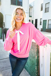 Pretty In Pink French Terry Bow Tie Drop Shoulder Pullover | Daverri Fashions