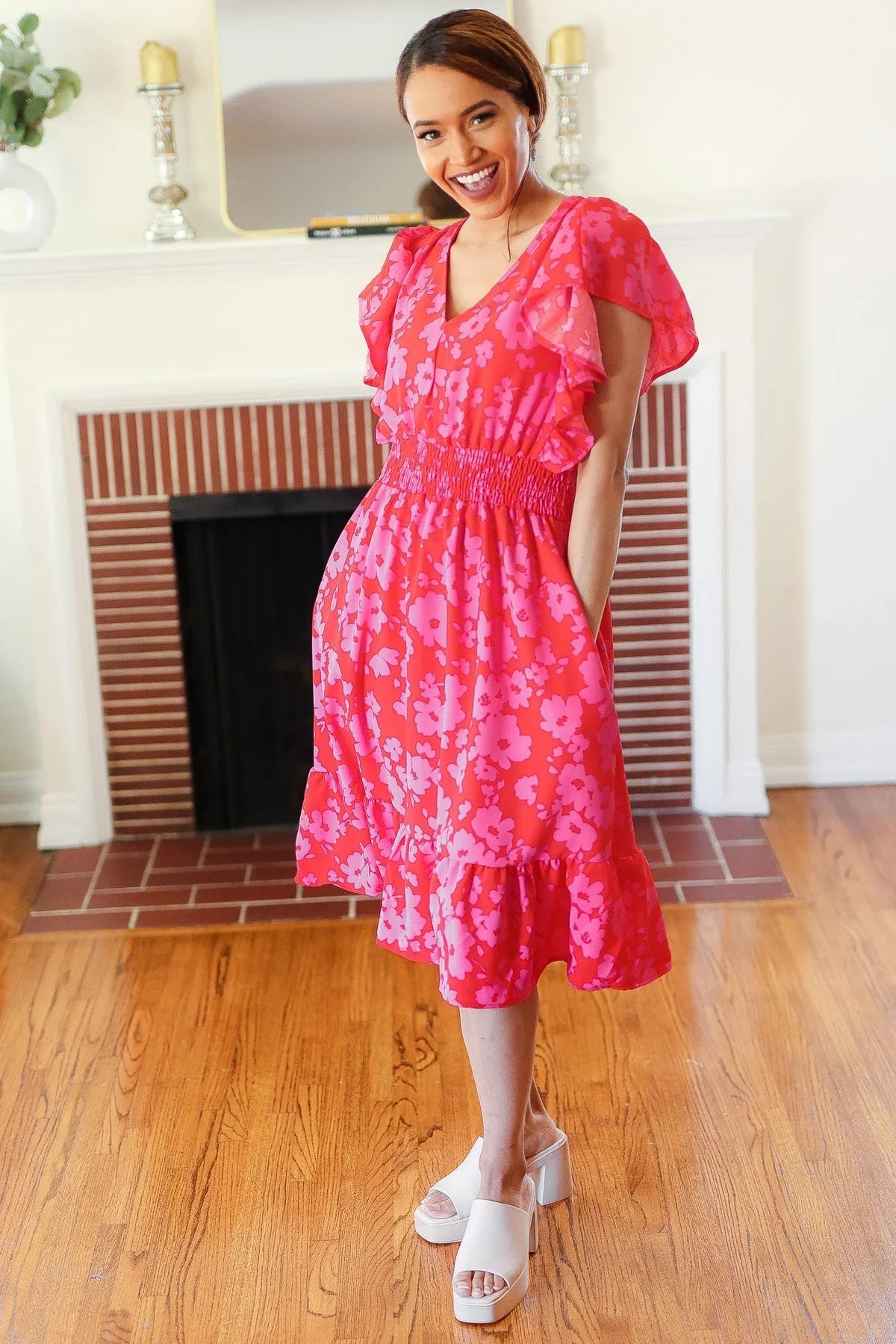 Remember Me Red & Pink Floral Print Smocked Waist Midi Dress | Daverri Fashions