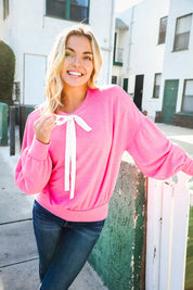 Pretty In Pink French Terry Bow Tie Drop Shoulder Pullover | Daverri Fashions