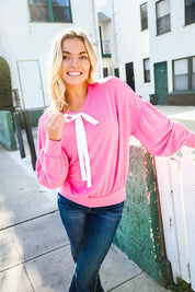 Pretty In Pink French Terry Bow Tie Drop Shoulder Pullover | Daverri Fashions
