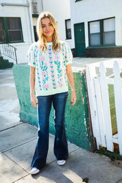 All For Love Mint Jacquard Floral Bubble Sleeve Sweater Top | Daverri Fashions