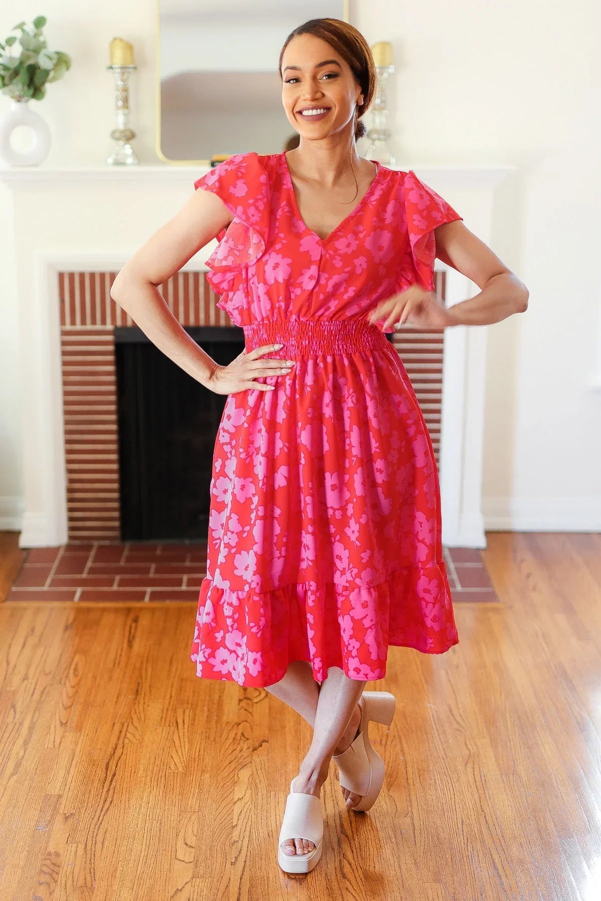 Remember Me Red & Pink Floral Print Smocked Waist Midi Dress | Daverri Fashions