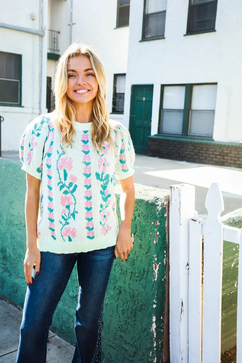 All For Love Mint Jacquard Floral Bubble Sleeve Sweater Top | Daverri Fashions