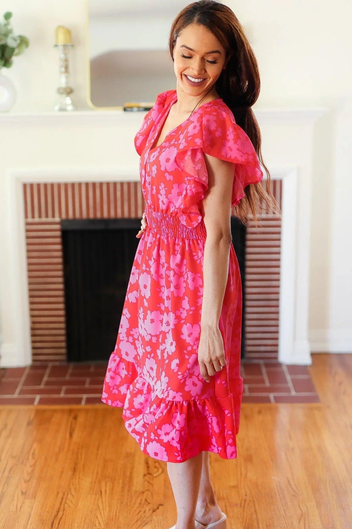 Remember Me Red & Pink Floral Print Smocked Waist Midi Dress | Daverri Fashions