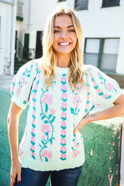 All For Love Mint Jacquard Floral Bubble Sleeve Sweater Top | Daverri Fashions