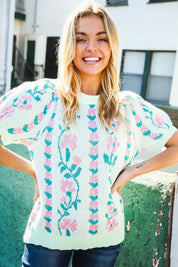 All For Love Mint Jacquard Floral Bubble Sleeve Sweater Top | Daverri Fashions