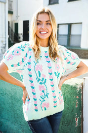 All For Love Mint Jacquard Floral Bubble Sleeve Sweater Top | Daverri Fashions