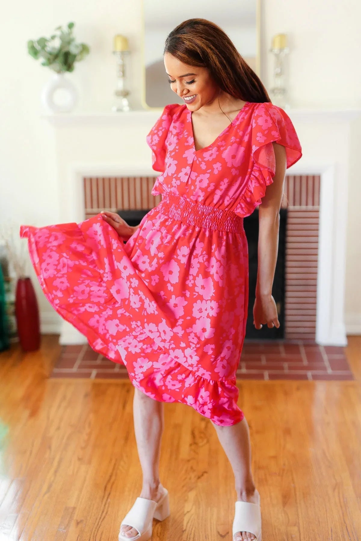 Remember Me Red & Pink Floral Print Smocked Waist Midi Dress | Daverri Fashions