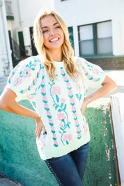 All For Love Mint Jacquard Floral Bubble Sleeve Sweater Top | Daverri Fashions