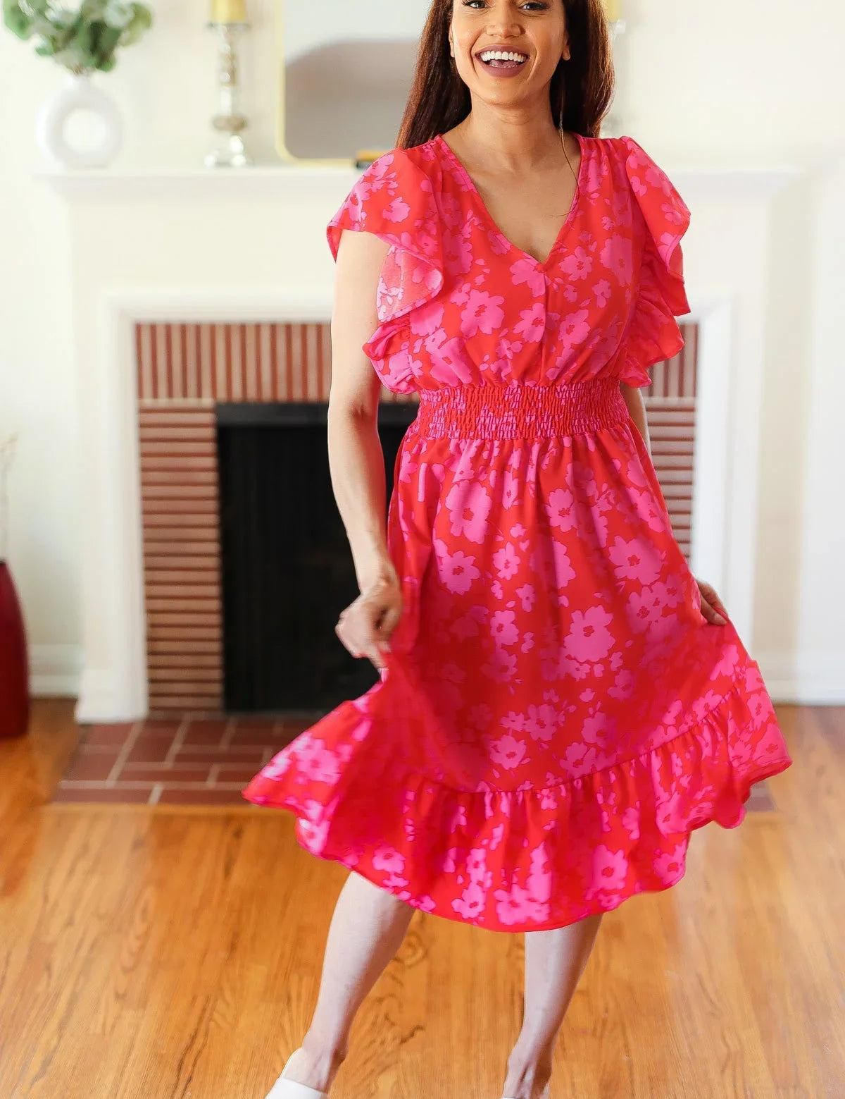 Remember Me Red & Pink Floral Print Smocked Waist Midi Dress | Daverri Fashions
