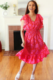 Remember Me Red & Pink Floral Print Smocked Waist Midi Dress | Daverri Fashions