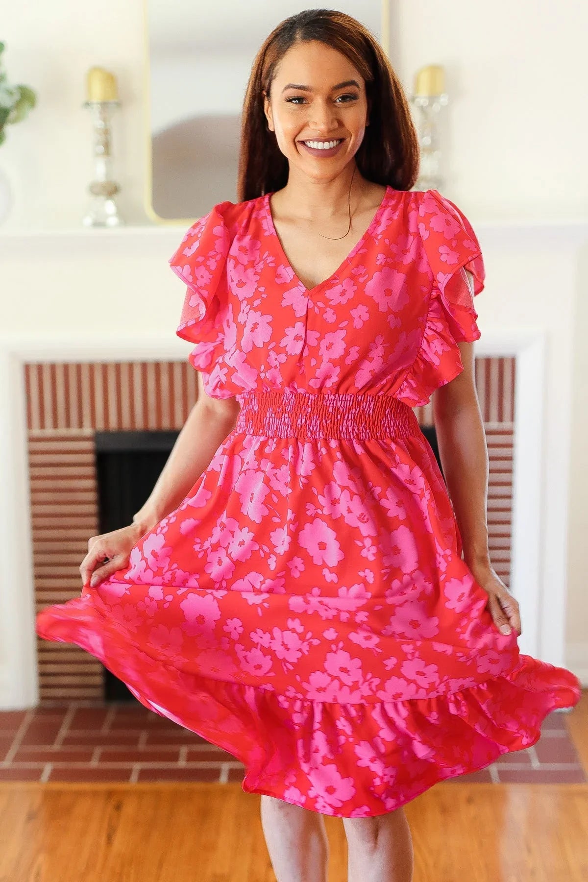 Remember Me Red & Pink Floral Print Smocked Waist Midi Dress | Daverri Fashions