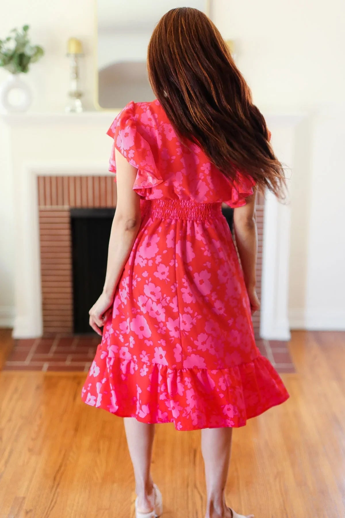 Remember Me Red & Pink Floral Print Smocked Waist Midi Dress | Daverri Fashions
