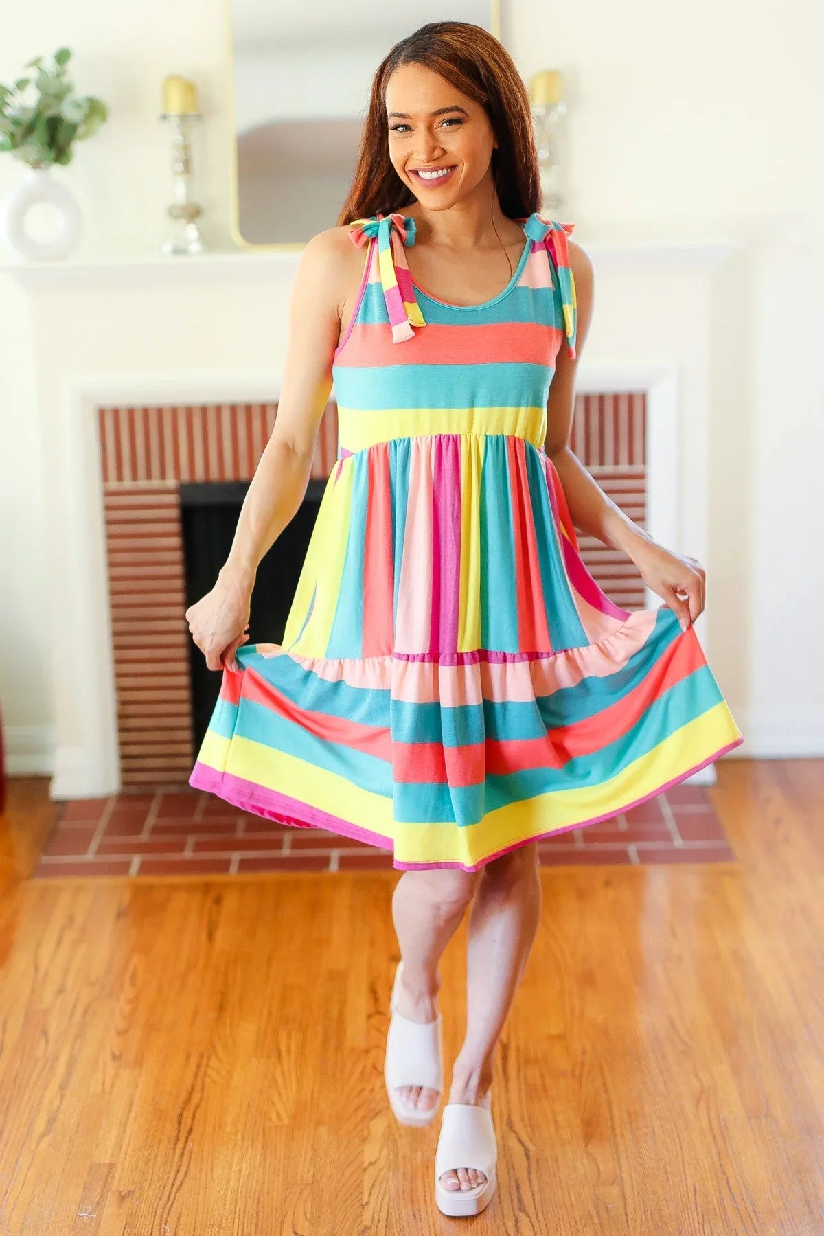 Start The Day Rainbow Stripe Shoulder Tie Tiered Dress | Daverri Fashions