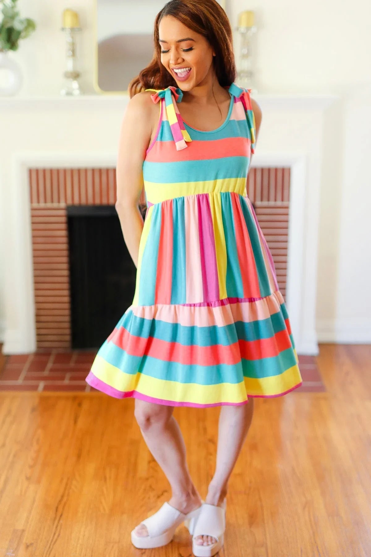 Start The Day Rainbow Stripe Shoulder Tie Tiered Dress | Daverri Fashions