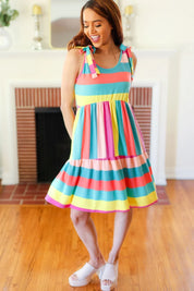 Start The Day Rainbow Stripe Shoulder Tie Tiered Dress | Daverri Fashions