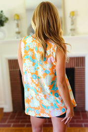 Tangerine Floral Banded V Neck Sleeveless Top | Daverri Fashions