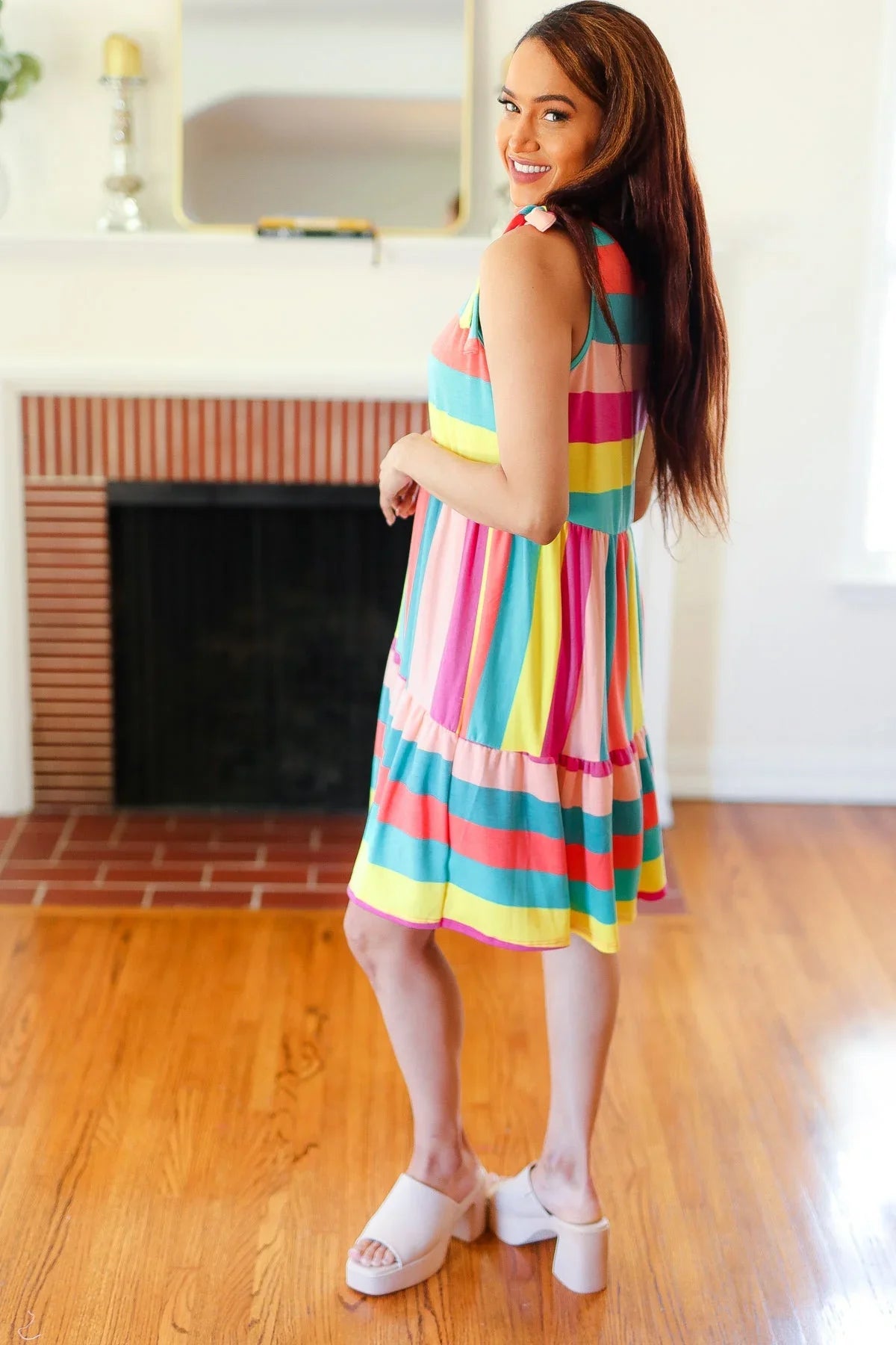 Start The Day Rainbow Stripe Shoulder Tie Tiered Dress | Daverri Fashions
