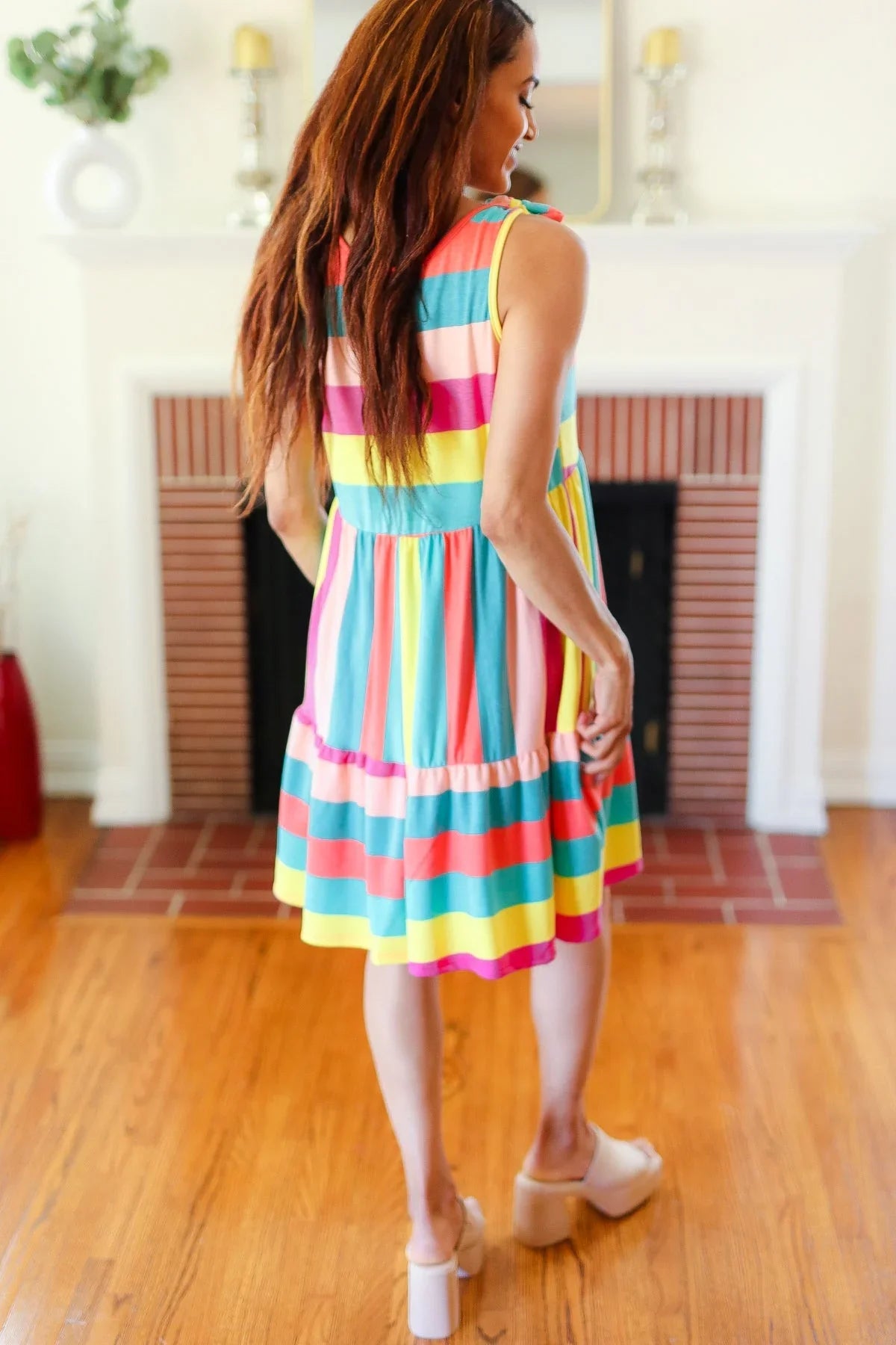 Start The Day Rainbow Stripe Shoulder Tie Tiered Dress | Daverri Fashions