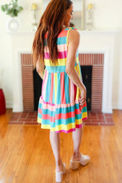 Start The Day Rainbow Stripe Shoulder Tie Tiered Dress | Daverri Fashions