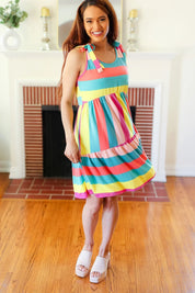 Start The Day Rainbow Stripe Shoulder Tie Tiered Dress | Daverri Fashions