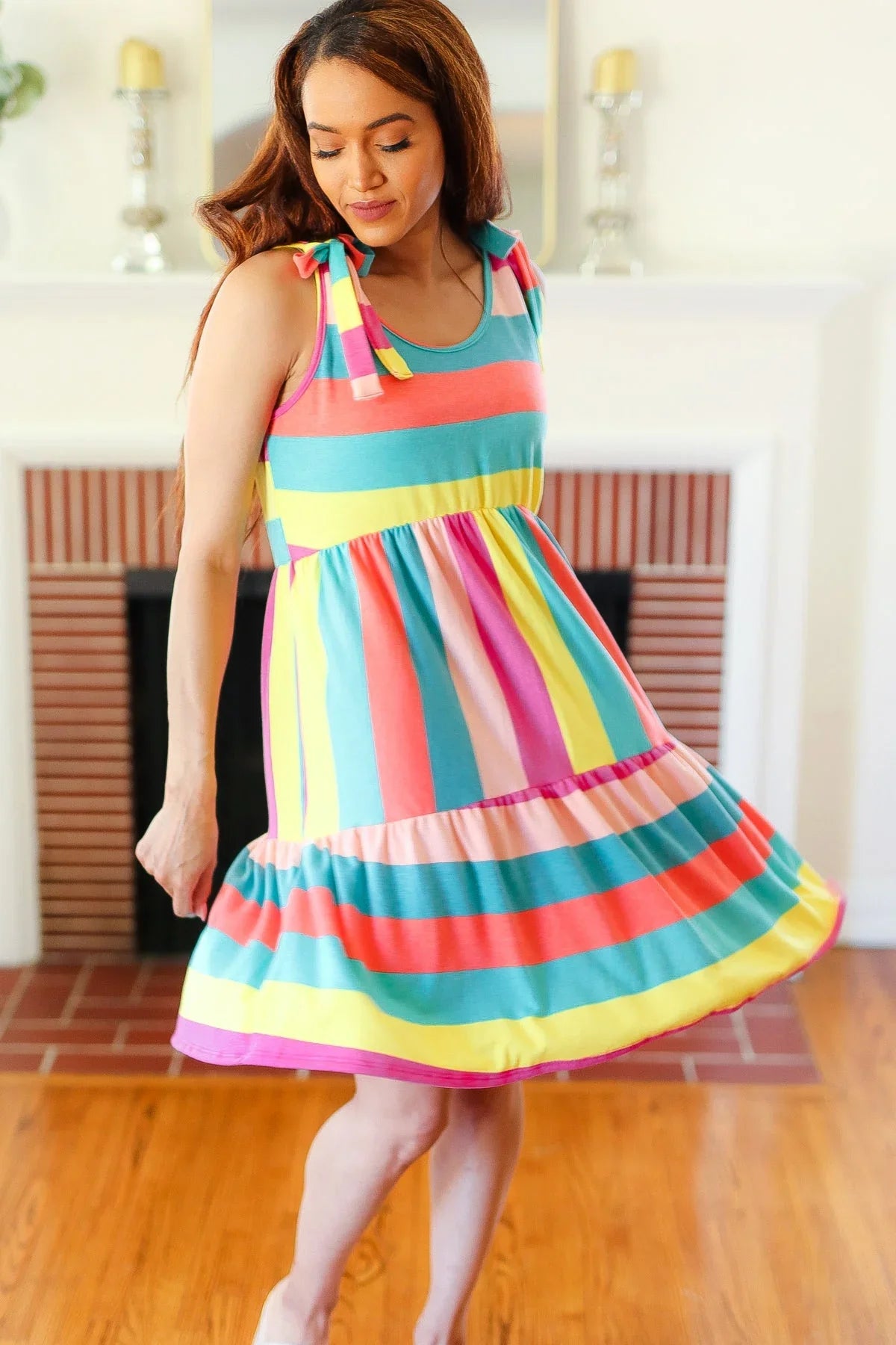 Start The Day Rainbow Stripe Shoulder Tie Tiered Dress | Daverri Fashions
