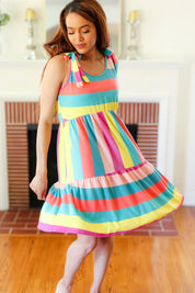 Start The Day Rainbow Stripe Shoulder Tie Tiered Dress | Daverri Fashions