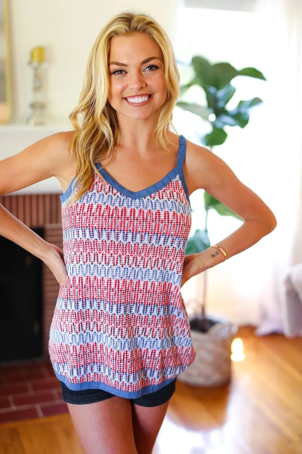Red White & Blue Squiggly Striped Sleeveless Top - DAVERRI FASHIONS