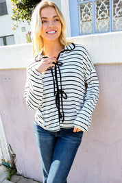 Embrace Joy Black & White Collared Stripe Ribbon Bow Tie Top | Daverri Fashions