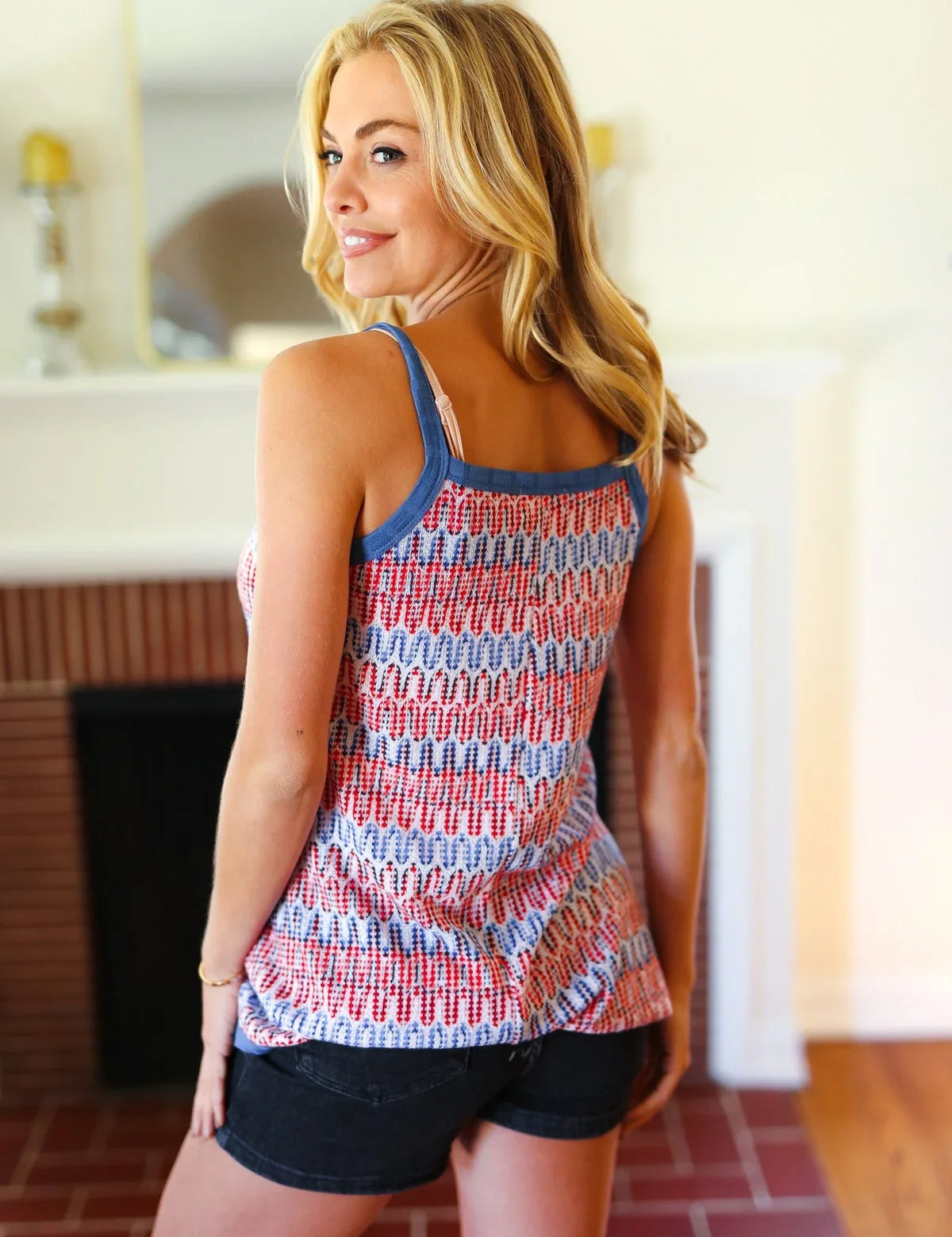 Red White & Blue Squiggly Striped Sleeveless Top | Daverri Fashions