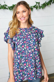 Navy Floral Mock Neck Flutter Sleeve Top | Daverri Fashions