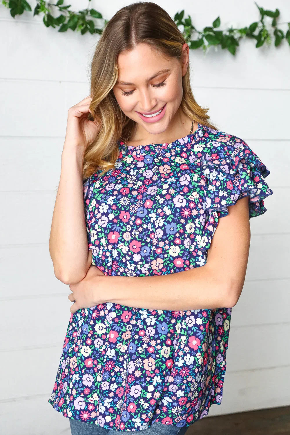 Navy Floral Mock Neck Flutter Sleeve Top | Daverri Fashions