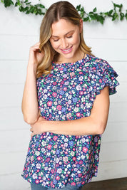 Navy Floral Mock Neck Flutter Sleeve Top | Daverri Fashions