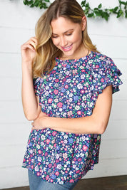 Navy Floral Mock Neck Flutter Sleeve Top | Daverri Fashions