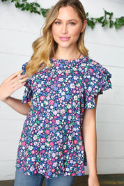 Navy Floral Mock Neck Flutter Sleeve Top | Daverri Fashions