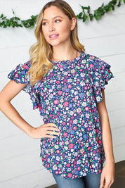 Navy Floral Mock Neck Flutter Sleeve Top | Daverri Fashions