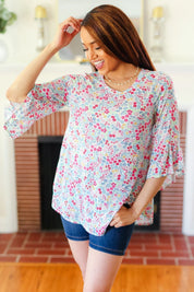 Feeling It Blue Floral Print Ruffle Three Quarter Sleeve Top | Daverri Fashions