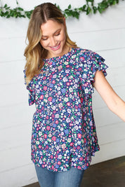 Navy Floral Mock Neck Flutter Sleeve Top | Daverri Fashions