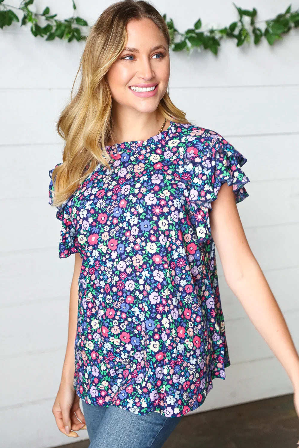 Navy Floral Mock Neck Flutter Sleeve Top | Daverri Fashions