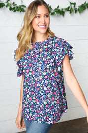 Navy Floral Mock Neck Flutter Sleeve Top | Daverri Fashions