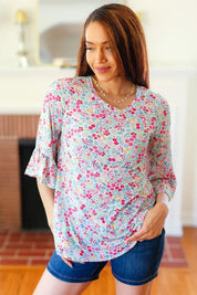 Feeling It Blue Floral Print Ruffle Three Quarter Sleeve Top | Daverri Fashions